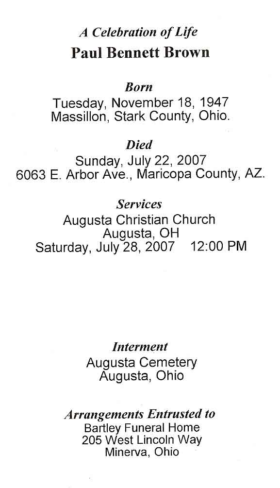 Paul Bennett Brown - Funeral Card Inside Right