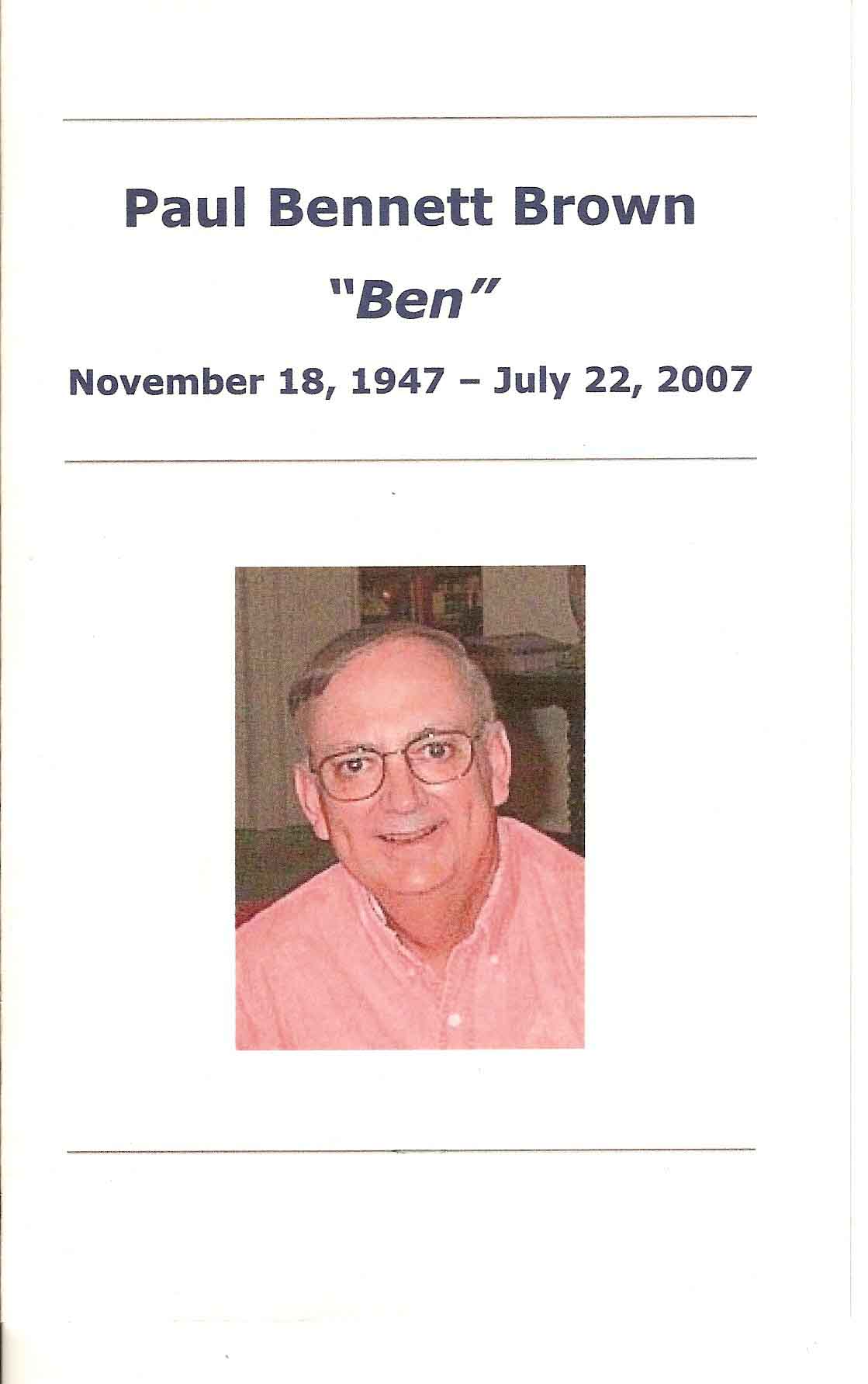 Paul Bennett Brown - Funeral Program Cover