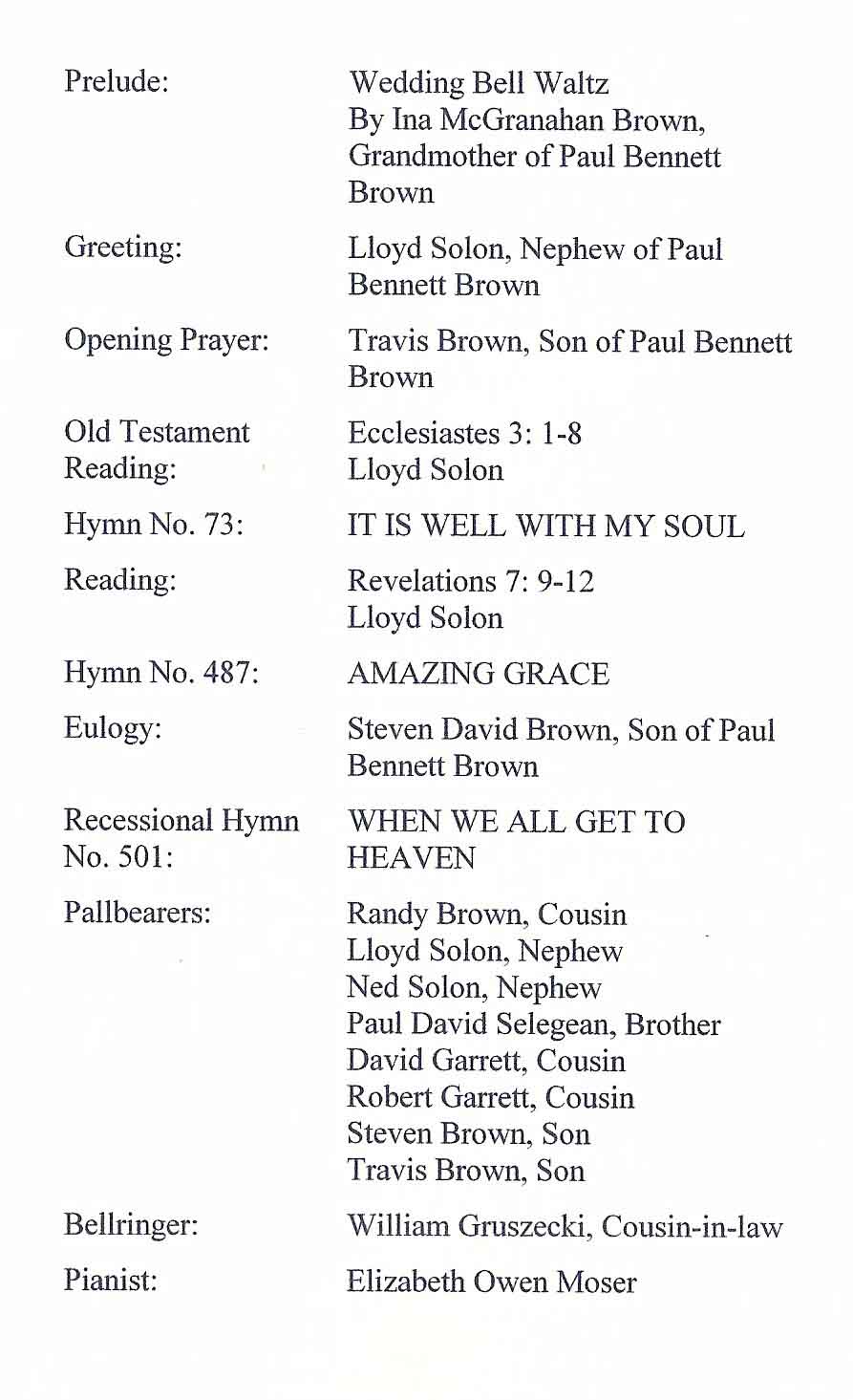 Paul Bennett Brown - Funeral Program Inside