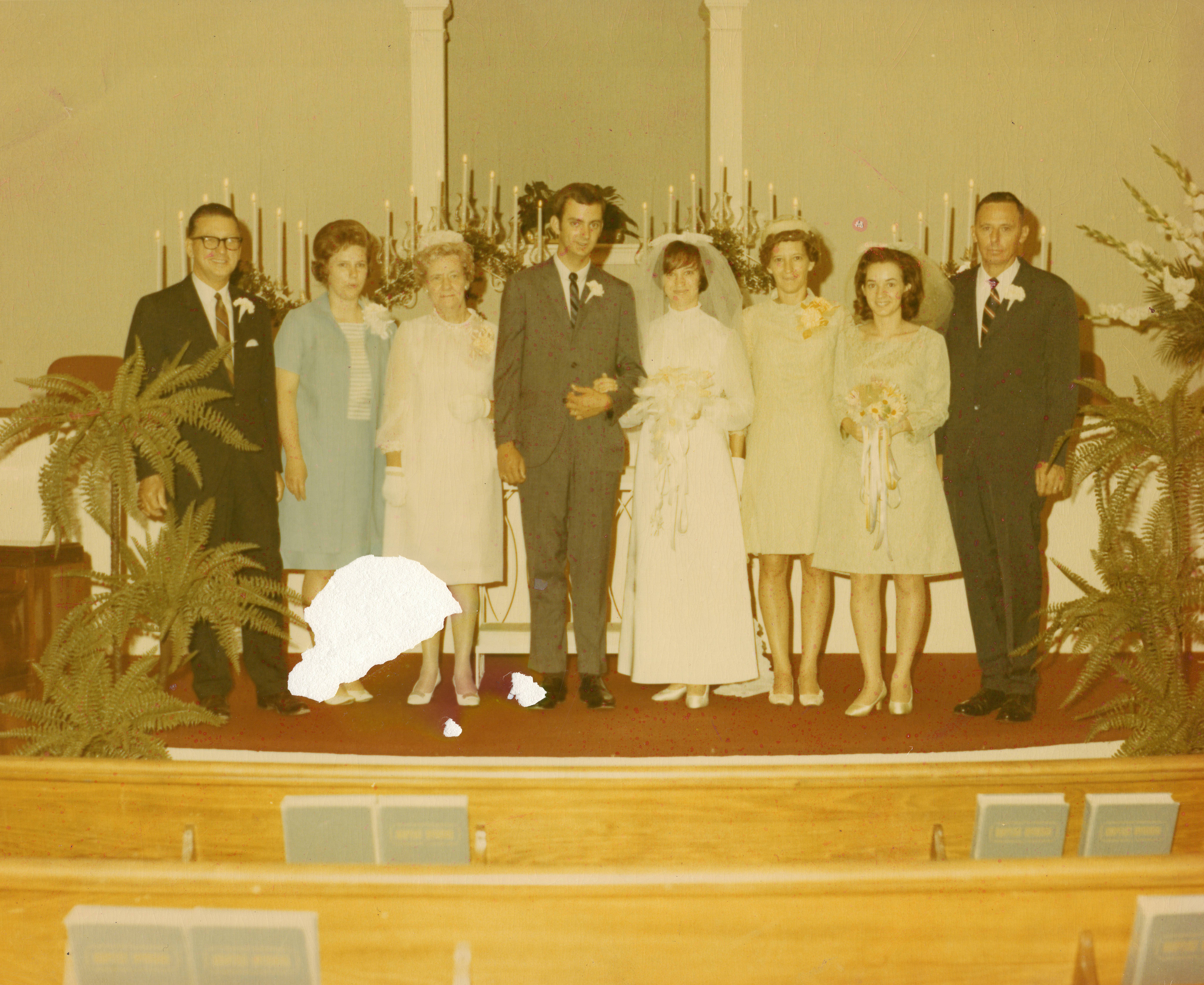 Paul and Faye's Wedding (left to right) Paul, Bette, Pauline and Paul Ben Brown; Faye Janelle Johnson, Jeanette Nave Elliott, Sheryl Johnson and Marvin Elliott (May 31, 1969)