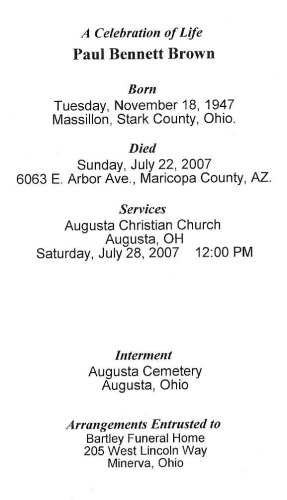 Paul Bennett Brown - Funeral Card Inside Right