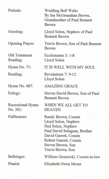 Paul Bennett Brown - Funeral Program Inside